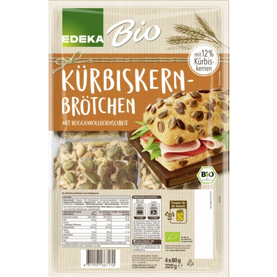 Bio EDEKA Kürbiskernbrötchen 4x 80G 1 Bio EDEKA Kürbiskernbrötchen 4x 80G