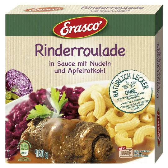 Erasco Rinderroulade In Sauce Mit Nudeln & Apfelrotkohl 460G 1 Erasco Rinderroulade In Sauce Mit Nudeln & Apfelrotkohl 460G